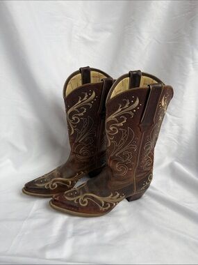 Durango Brown Leather Western Heeled Cowboy Boots with Beige Embroidery